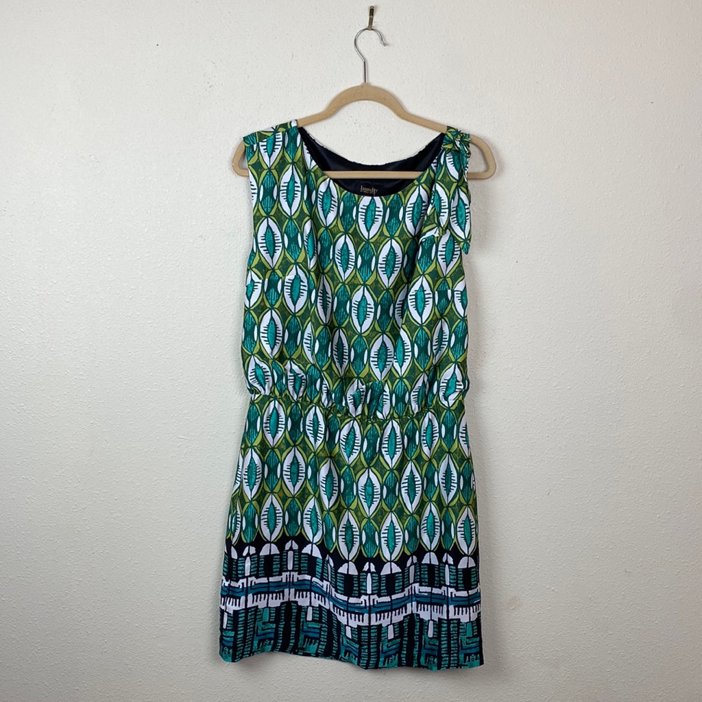Nwt Laundry By Shelli Segal | Satin Green Printed Side Tie Blouson Dress